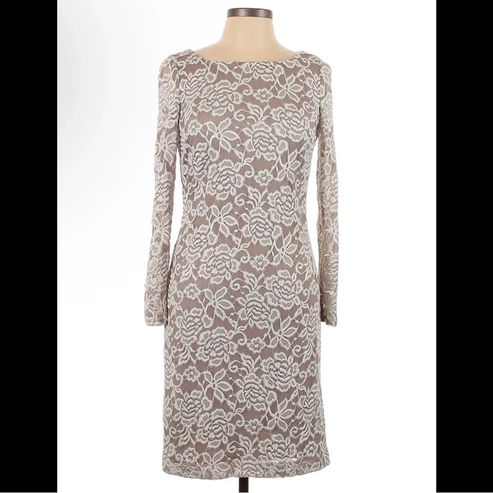 Eliza J Womens Grey Beige Mauve Lace Long Sleeve Cocktail Dress Formal Bodycon 2